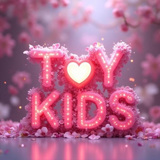 3D rendered artwork displays words TOY KIDS. Letters made of pink rose petals and magenta orchids. Heart emojis are translucent with dewdrop highlights. Glowing magenta heart drifts above scattering sparkles. Background gradient is violet to blush pink with volumetric lighting.
