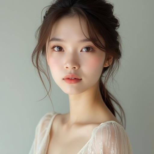 8K portrait of a young woman with Western and Japanese facial features. Elegant symmetrical face with defined cheekbones. Soft almond-shaped eyes with a slight epicanthic fold. Small delicate nose, porcelain fair skin, natural light brown hair. Soft expression. Modest dress with a low neckline. Clean background