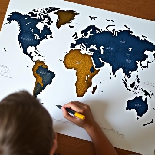 Overhead view of a young boy drawing a world map. The boy is using dark blue and gold colors. A line is drawn from Libya connecting to all countries.
