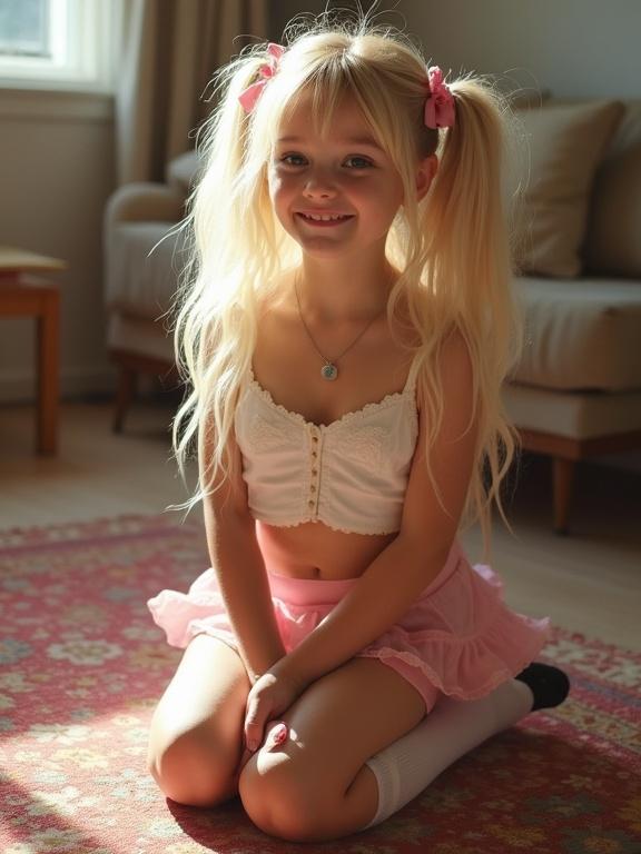 A young girl with long blonde hair kneels on a colorful rug in a softly lit living room. She wears a short crop top, a pale pink mini-skirt, thigh-high socks, and black shoes. The warm atmosphere accentuates her joyful expression and playful pose.