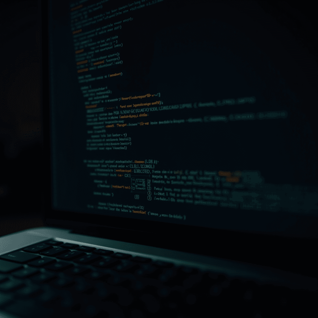 A laptop screen displaying colorful lines of code in a dark environment.