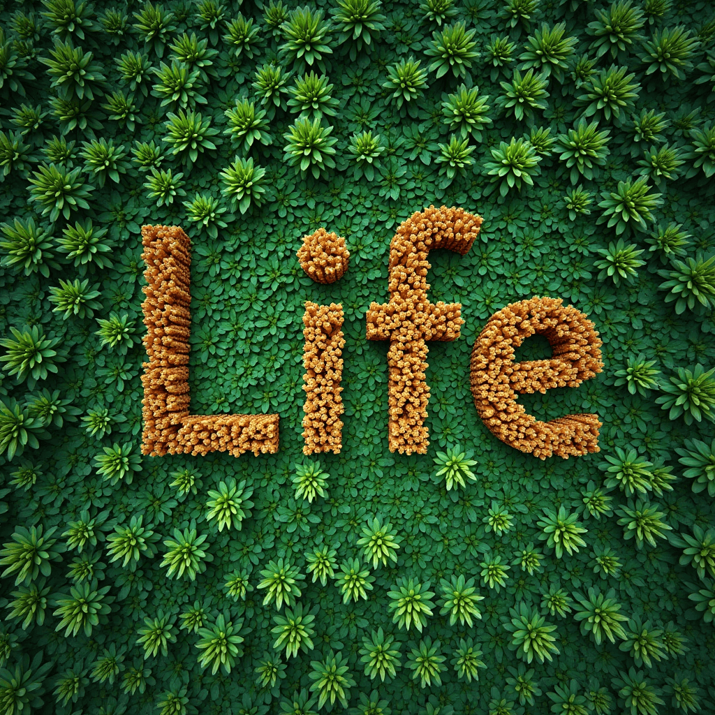 The word 'Life' is artistically formed with flowers against a lush green leafy background.