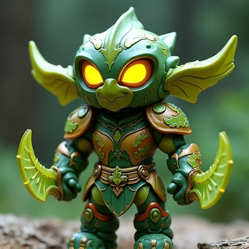 Design a fantasy cartoon-style monster toy inspired by collectible figures. This is Leafblade Warrior, a nimble fighter of the Tribe of the Forest, standing at 10 cm. He wears leaf-patterned armor and a mask with glowing yellow eyes. Features include leaf shoulder pads and a maple leaf chest emblem. Unique weapon is the Twin Leafblades. Cartoonish PVC style with glossy paint. Color palette: vibrant green, brown, gold, translucent green.