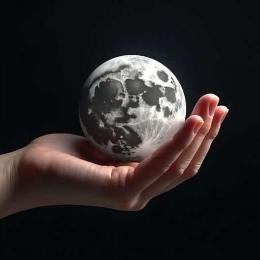 The moon appears small in the palm of a hand. The moon is hyper-realistic. The image has an octane render style.