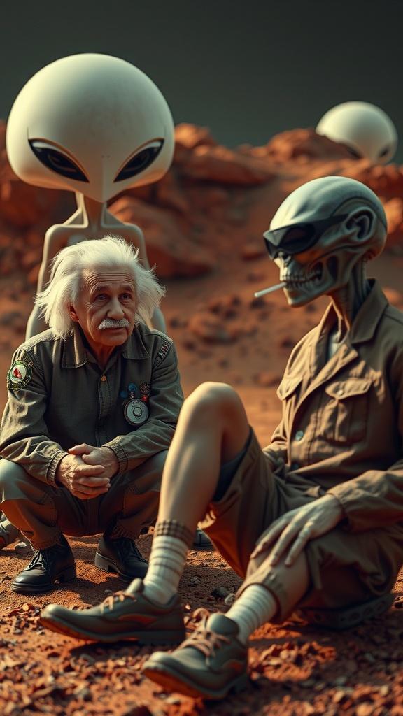 In a surreal setting resembling Mars, two humanoid figures, an elderly scientist and a skeletal alien, are engaged in an informal meeting. The scene portrays a fusion of elements from science fiction and historical science, as the figures interact in a desolate, rocky landscape under a dimly lit sky. The image exudes a sense of curiosity and wonder, blending the unknown with human imagination.