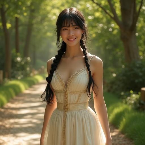 Ultra-realistic portrait of young noblewoman in summer gown. She has porcelain skin and long black hair, loosely braided. The gown is crafted with ivory and pastel fabrics. It has subtle gold embroidery and a fitted bodice. The skirt flows gracefully. Scene set in quiet woodland with sunlight filtering through leaves. Emphasizes peace and elegance in a fantasy setting.