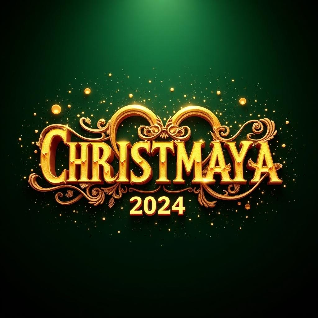 Richly embellished golden lettering for 'CHRISTMASAYA 2024'. Intricate designs are featured. Dark green background enhances the glowing particle effects.