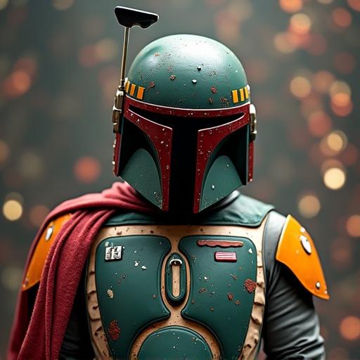 Boba Fett character designed in Bickleburger style. Armor features characteristic details. Background filled with shimmering glitter.