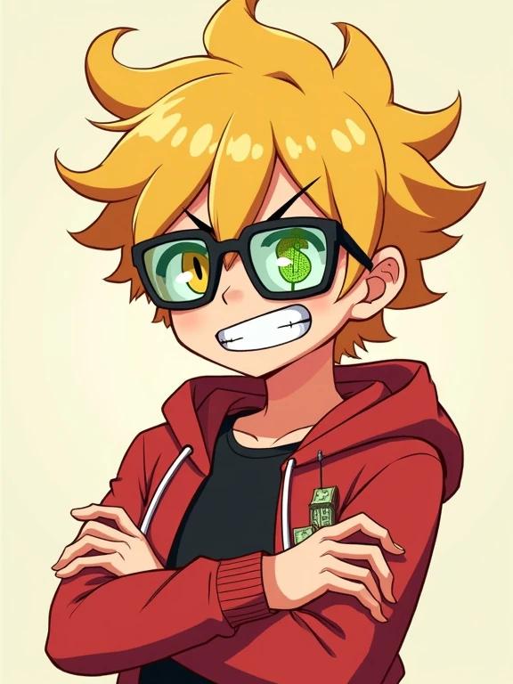Young anime kid with chaotic yellow hair. Mischievous grin on face. Glasses glint with dollar signs. Amber eyes squinted. Wearing red hoodie. Black shirt beneath. Arms crossed smugly. Light-toned background. Mid-torso crop illustration.