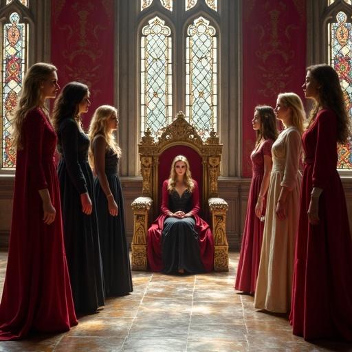 A grand medieval throne room features tall stained-glass windows. Light casts colorful reflections on polished stone floors. An ornate golden throne holds a noble female monarch sitting with a regal posture. In front of her stands a line of distinguished noblewomen. Each woman displays unique beauty and character. Their gowns reflect high status. The queen appraises them one by one with a discerning gaze. The atmosphere is solemn and respectful, heightened by intricate tapestries and polished surfaces.