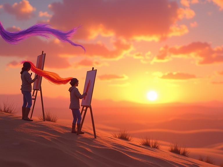 Tiny artists perched on easels in a vast golden desert at sunset. They paint the sky colors with feather brushes dipped in glowing light. Long colorful scarves dance in the wind. Wide shot shows blending of colors and trailing scarves.