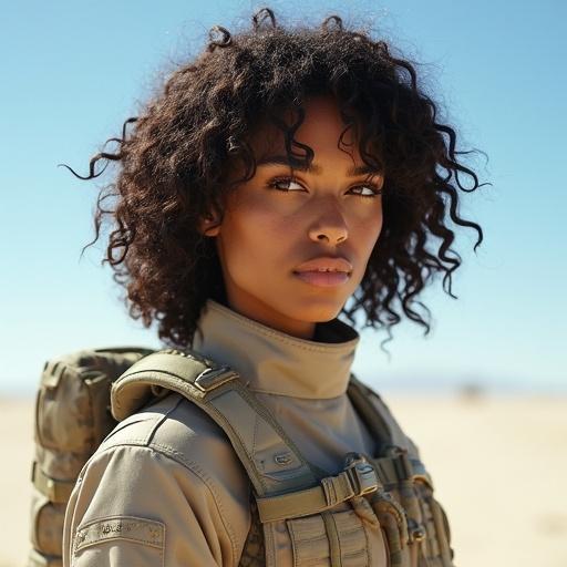 Realistic detailed close up of a petite military female with long curly hair wearing a light beige sci-fi military uniform. Background of an obstacle course in a white desert under a sunny blue sky. Focus on details and texture of the uniform.