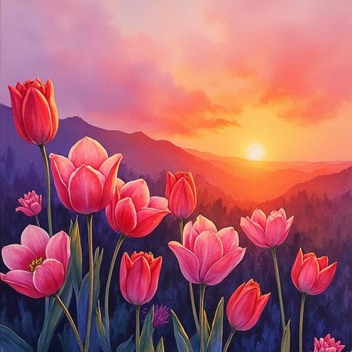 Hand-painted watercolor artwork featuring tulips and lilies. Rich colors transitioning from deep red to purple and pink. Scenes of sunrise and sunset enrich the design. Captivating floral details on Museum Arches paper.