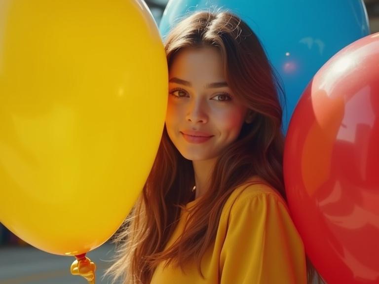 Full body image of a young brunette woman standing next to giant balloons. She leans against overinflated balloon. Her expression is mild while looking at the camera. Skin texture and detailed facial features visible. The scene is well-lit with natural lighting inside a balloon factory filled with oversized balloons. The balloons are yellow, blue, and red.