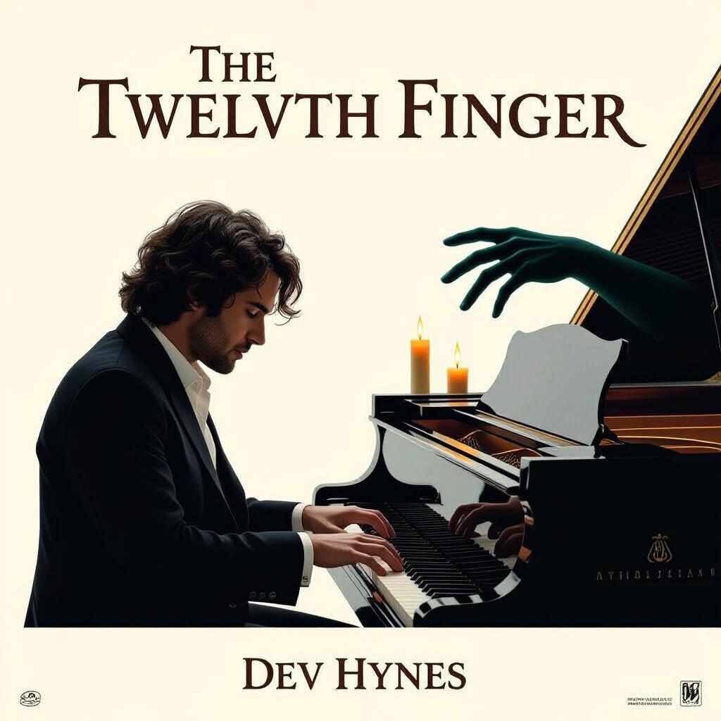 Movie poster for The Twelfth Finger. Title in Engraved serif style with thin bone motifs. Dev Hynes plays piano, an unseen hand appears beside his. Low candlelight creates shadows. High detail image.
