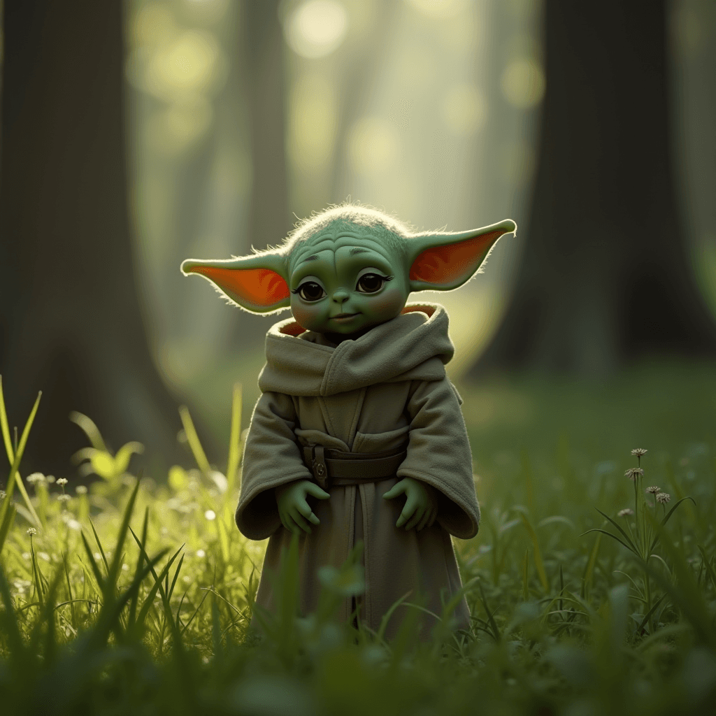 A small, green, alien-like creature in a robe stands peacefully in a sunlit forest clearing.