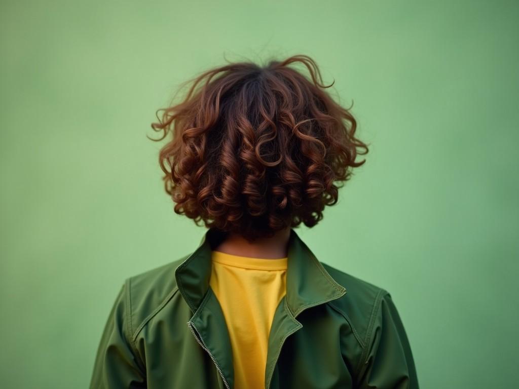 The image shows the back of a person with curly brown hair. They are wearing a green jacket over a yellow shirt. The background is a soft green, suggesting a simple outdoor setting. Soft light seems to illuminate the scene making it peaceful. The overall atmosphere feels casual and relaxed, focusing on the attire of the individual.