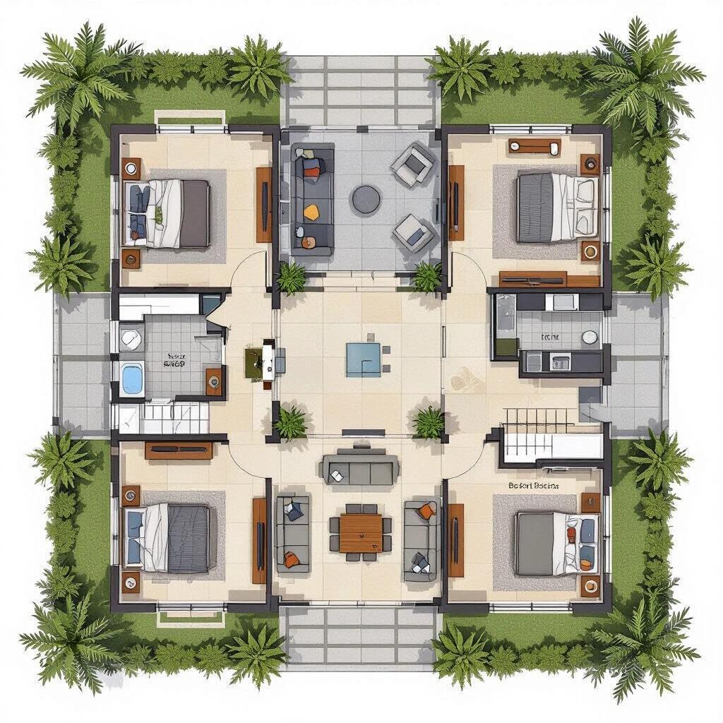 Top-down view of a modern single-story house on a rectangular lot. The house features a central patio open to the sky. Four large bedrooms surround the patio. Includes a living room, dining area, and modern kitchen with island. Has a laundry room and office. A two-car garage is attached. The house shows clean lines, flat roofs, large windows, and a mix of concrete and wood textures. Outdoor areas have gardens. Bright daylight enhances the layout.