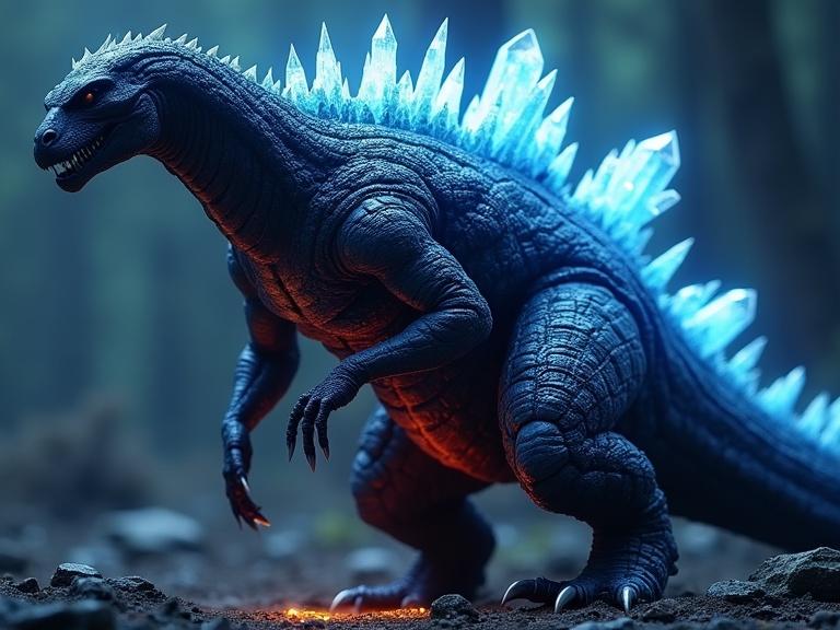 Live action depiction of dark blue sleek alien Godzilla. Glowing crystal dorsal spines and small crystal formations on body. Soft transparent belly with glowing red orange subsurface scattering. Focus on details and textures. Realistic shadows and environment in a forest setting.