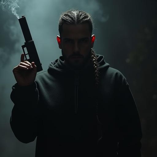 A male figure with braids holds a smoking gun. The scene is minimalistic and takes place in darkness. The details of the figure are obscured by shadows.