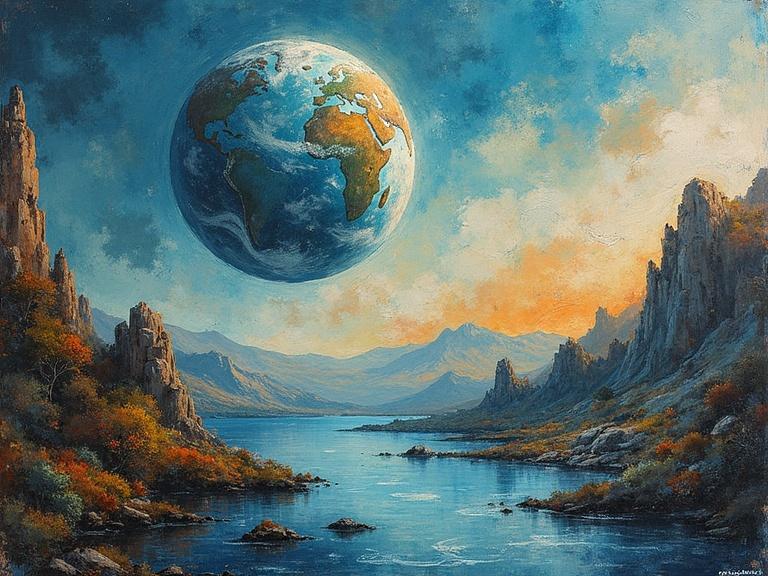 The image depicts a large Earth suspended above a beautiful landscape with a river and mountains. The Earth showcases its continents vividly. The colors are vibrant, especially in the sky and mountains.