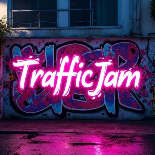 Create a vibrant mural in an urban setting featuring graffiti with the word 'TrafficJam'. Bright fluorescent colors dominate the artwork. The theme is cyberpunk with dynamic lighting and lively urban surroundings.