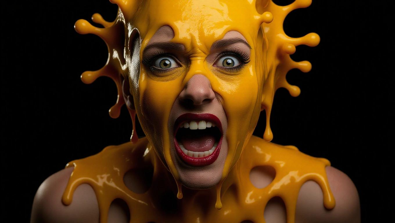 Surrealist photo featuring a female figure with a melting cheese-like texture. Subject displays an intense expression with wide eyes and a gaping mouth against a dark background. Close-up framing highlights the face and upper body with dramatic lighting to emphasize the dripping effect.