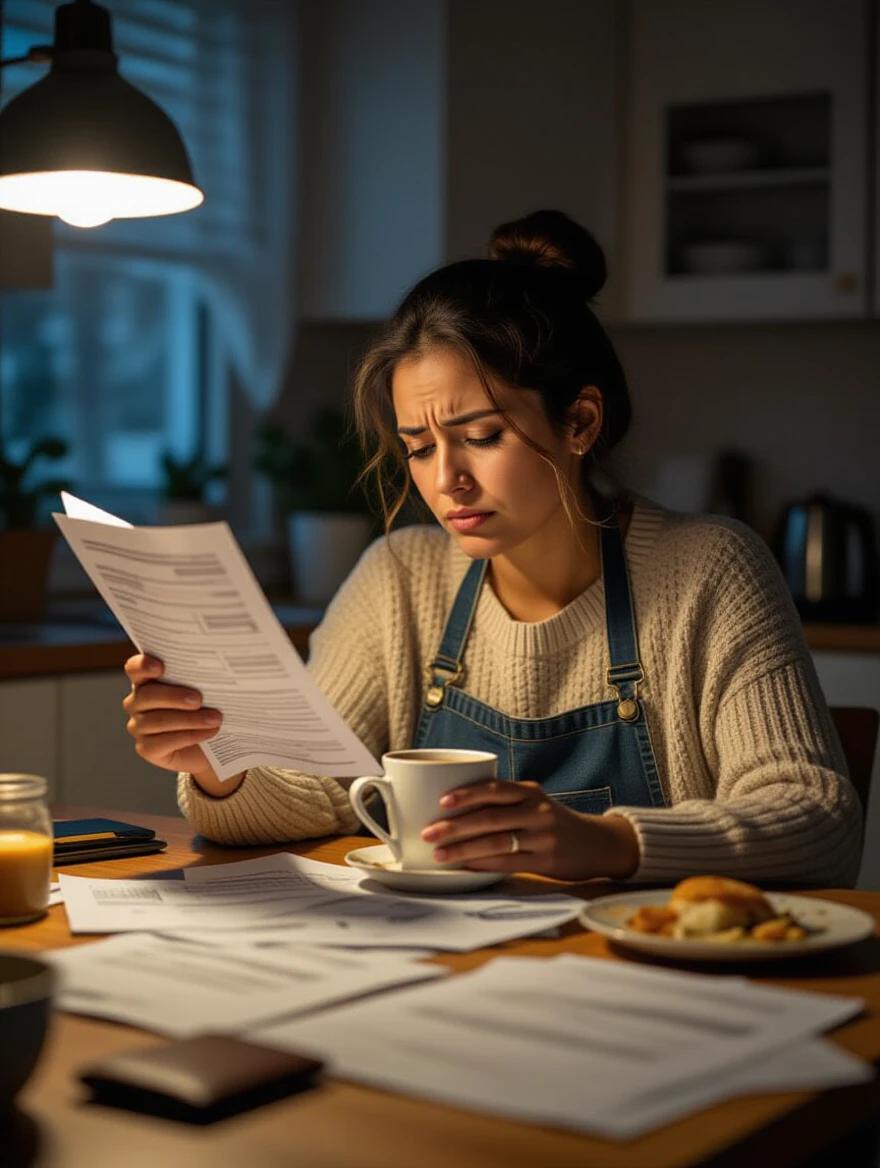 A hardworking Latin American woman sits at night in her kitchen. She looks exhausted. One hand holds a utility bill. The other hand holds a cup of coffee. Papers and a wallet are scattered on the table. A half-eaten dinner is visible. Dim light casts soft shadows creating an emotional tone. Realistic photography style with moody lighting and shallow focus.