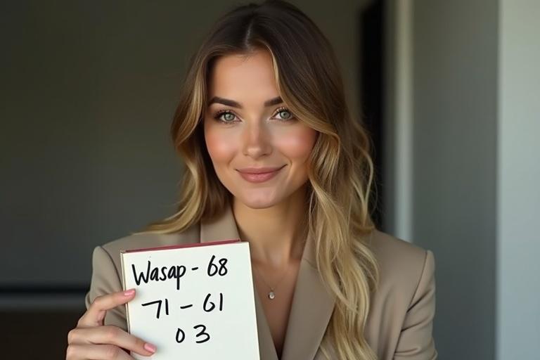 Young woman dressed in a stylish outfit showing a book with writing. The book has notes: 'Wasap - 68 71 61 03 3'.