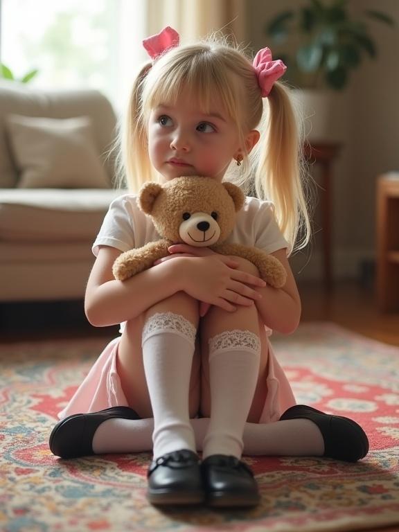 A girl with long blonde twin tails and pink bows sits on a colorful rug in a soft-lit living room. She wears a white crop top and a pale pink skirt. Thigh-high socks with lace detail and black shoes complete the outfit. Holding a teddy bear, her cheeks are flushed as she looks up curiously.