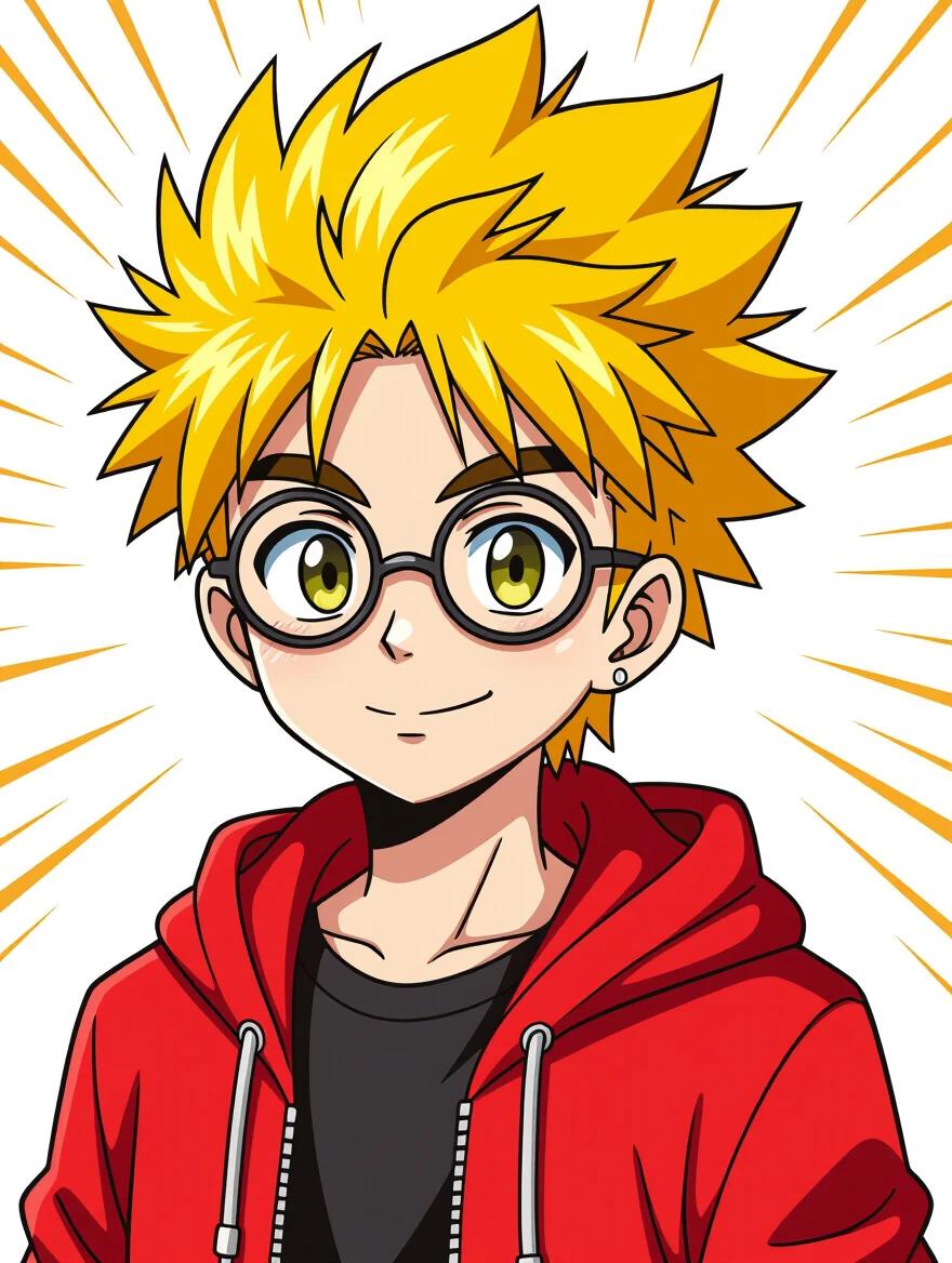 Anime style illustration of a young man. He has bright spiky yellow hair and small black-rimmed glasses. He wears a red zip-up hoodie over a black t-shirt. The background is filled with energetic rays. The illustration features clean lines and cel shading.