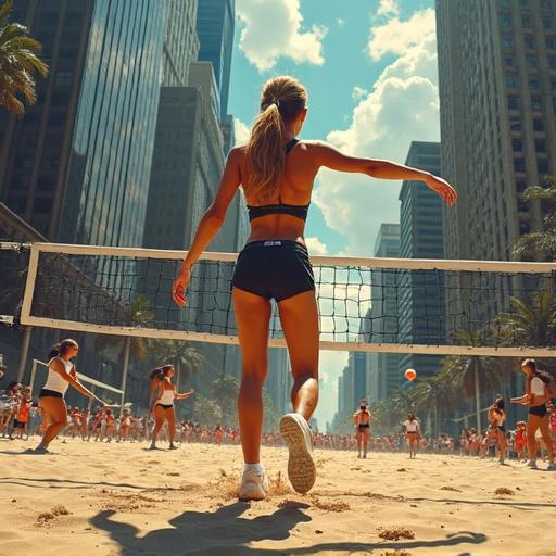 Volleyball player standing on a sandy court in a city among tall buildings. Spectators in the background. Strong athletic pose showing determination. Bright sunlight illuminating the scene. City vibe feels energetic and competitive.