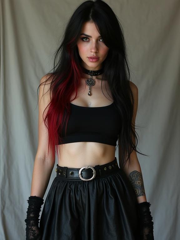 Female model with long black hair and red streaks. Wears a black tank top and choker. Shows midriff and is wearing a black skirt. Curvy figure and wide hips are highlighted.