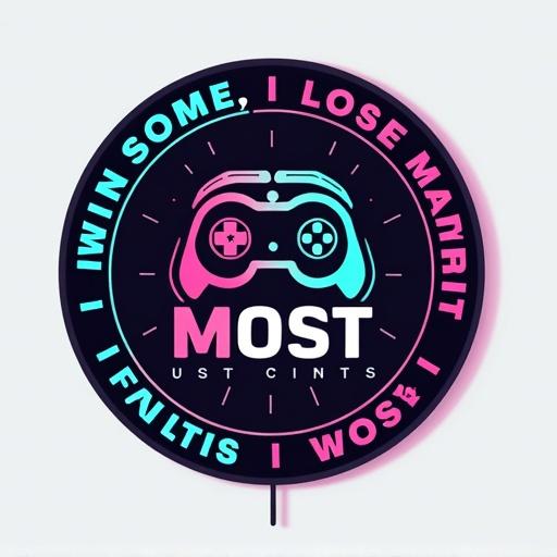 Create a logo emblem for gaming. Circular badge includes game controller and text 'CRUSH MOST'. Colors from vibrant pink to teal. Include phrase 'I WIN SOME, I LOSE SOME' around the badge. Design with clean lines. Suitable for team or brand.