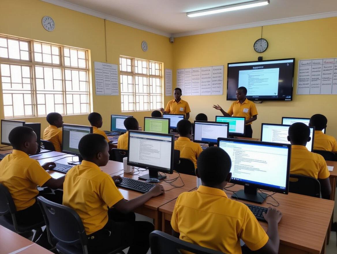 Nigerian primary school with students attending a computer-based examination. Students wear gold shirts and black trousers. Each student sits in front of a computer. Classroom has modern facilities.