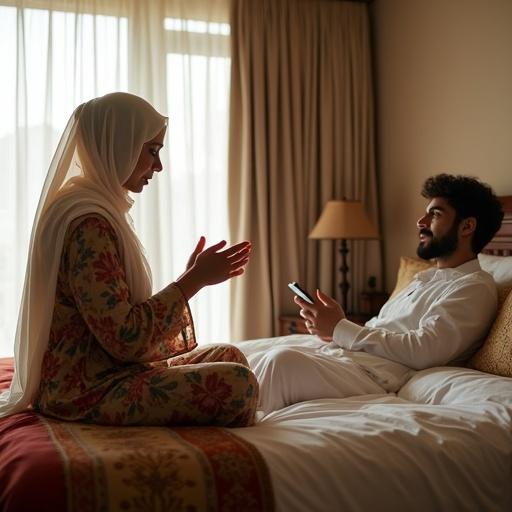 Luxury Pakistani bedroom with natural light. Woman in colorful Islamic dress praying. Hands raised in heartfelt dua. Husband reclined on bed using mobile phone. Bright room with typical Pakistani decor with wooden furniture and embroidered cushions.