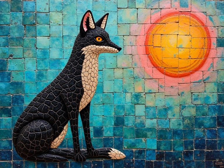 Mosaic of a fennec fox made of ceramic tiles and glass. The fox sits against a colorful background featuring a sunset. Abstract shapes and vibrant colors fill the scene, showcasing skillful artistry with textures.