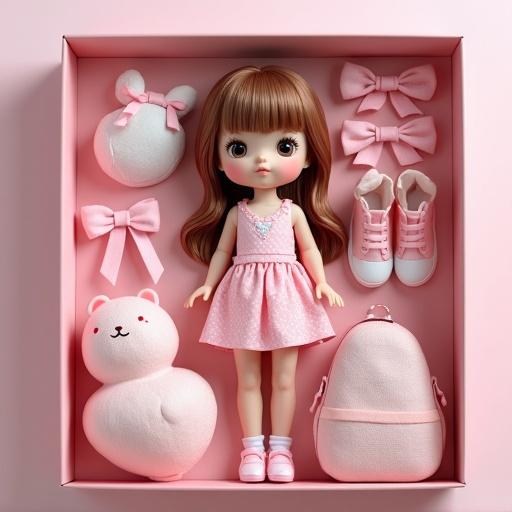 Doll arranged in a box with pink accessories. Soft colors and cute items. Flat illustration style. Accessories include shoes, bear, bows, backpack.