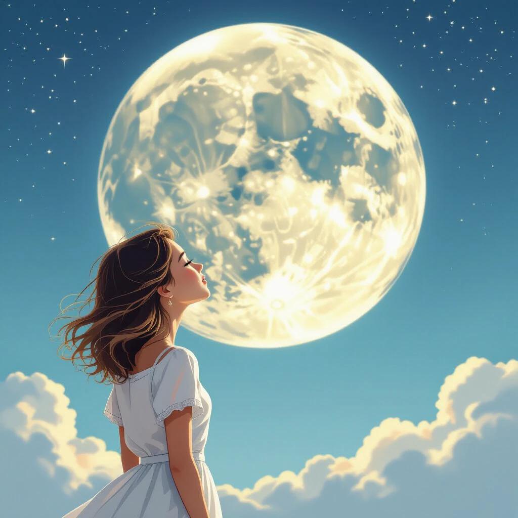 A girl gazes at the moon. The girl stands quietly in front of a large luminous moon in the night sky. Soft clouds surround the moon. The atmosphere is dreamlike and serene.