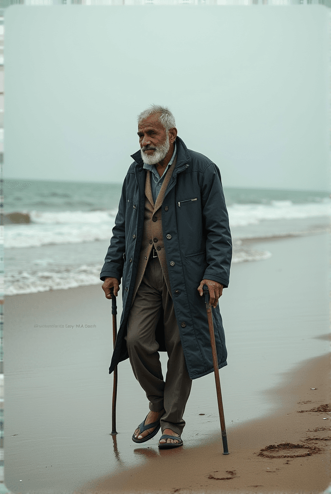 An elderly man with a white beard walks along a beach using two canes, wearing a dark coat, sweater, and sandals.