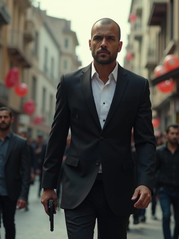 Powerful man in black suit walks aggressively on busy Turkish street. Scene captures vibrant street interactions around him with associates and crowded environment.