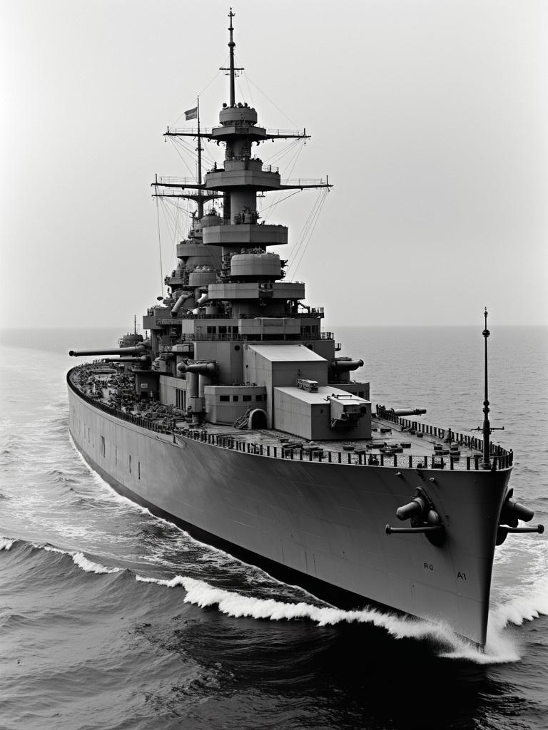 A battleship resembling Scharnhorst from 1938. The image shows a large naval vessel with a 42,000 ton hull. The battleship measures between 830 and 845 feet in length and features a beam of up to 120 feet. It is equipped with nine 380mm guns in triple mounts and has additional superstructures. The ship is armed with 16 fifteen cm guns, twenty 10.5 cm guns, sixteen 3.7 cm guns, and sixteen 2 cm guns.