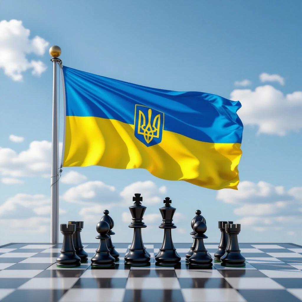 Ukrainian flag waves above a chessboard. Black chess pieces positioned on the board. Bright sky with clouds in the background. Dynamic and symbolic representation.