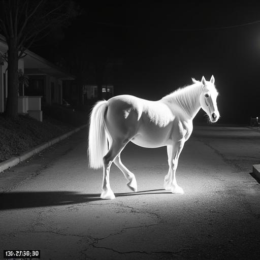 Black and white thermal surveillance camera image shows a lone horse walking at night. The image mimics real infrared security camera footage with a grainy texture. Hot areas appear white; cold areas appear black.