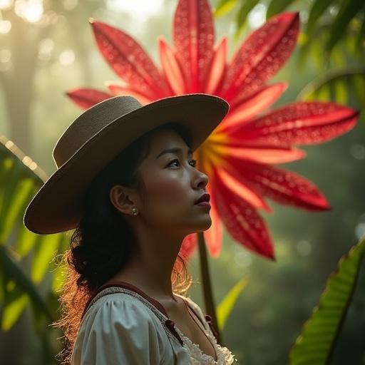 A vertical shot captures the face of a European female botanist from the late 1700s. She wears colonial expedition attire with a ruffled shirt and a tricorn hat. In the foreground, a vibrant Rafflesia arnoldii flower is slightly blurred. The background shows a dense Sumatran rainforest with morning mist and warm sunlight filtering through leaves. Color grading includes earthy hues, faded greens, and golden highlights. The depth of field focuses on her expression and the flower's textures.