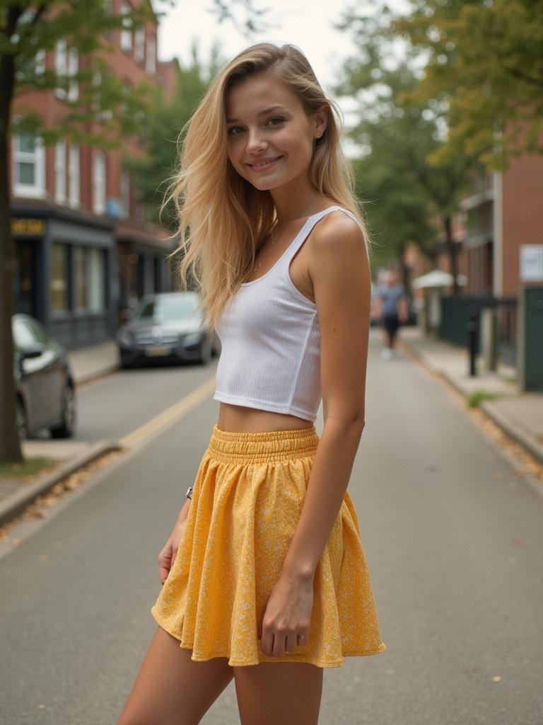 A model in a cute white crop top and yellow skirt standing on a city street. The atmosphere is casual and lively with greenery in the background.