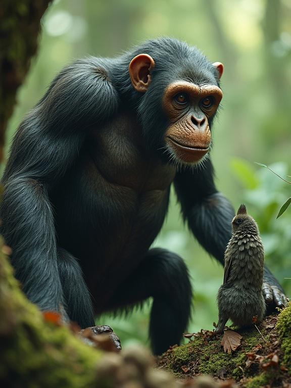 Chimpanzee staring at a small bird in a lush jungle environment. The chimpanzee has a detailed face and muscular build. The bird stands on the ground appearing curious. The background is filled with greenery and soft, diffused light. Details and textures of the forest are prominent.