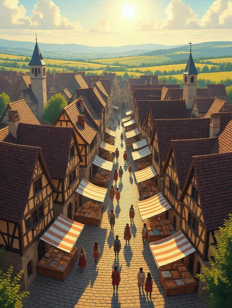 Aerial illustration shows a medieval village in golden sunlight. Winding cobblestone streets are lined with timber-framed buildings. Market stalls are vibrant. Villagers in costumes fill the streets. Verdant fields and hills are in the background. Shadows add depth to the lively scene.