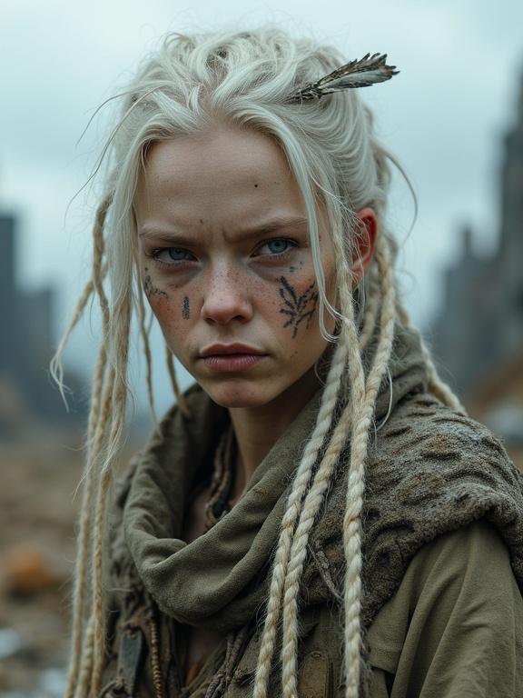 Highly detailed close-up portrait of a tall albino wasteland huntress. She has pale skin with mud streaks, long tangled white hair with debris, and tribal tattoos. Expression is cold, wearing mismatched survival gear. Background shows a ruined city skyline under an overcast sky. The style is ultra-sharp with soft lighting and cinematic grading.