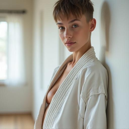 Young woman standing in a bright modern dojo. She has an undercut hairstyle and pale skin. Leaning on the wall in a casual and confident pose. Wearing a worn out karate gi slightly opened to reveal stunning abs. Neutral facial expression with a slight smile. Natural light enhances the scene. Photo-realistic style with high detail.